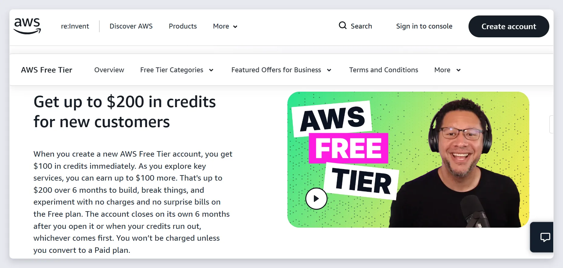 AWS free plan page with the credit and 6-month details