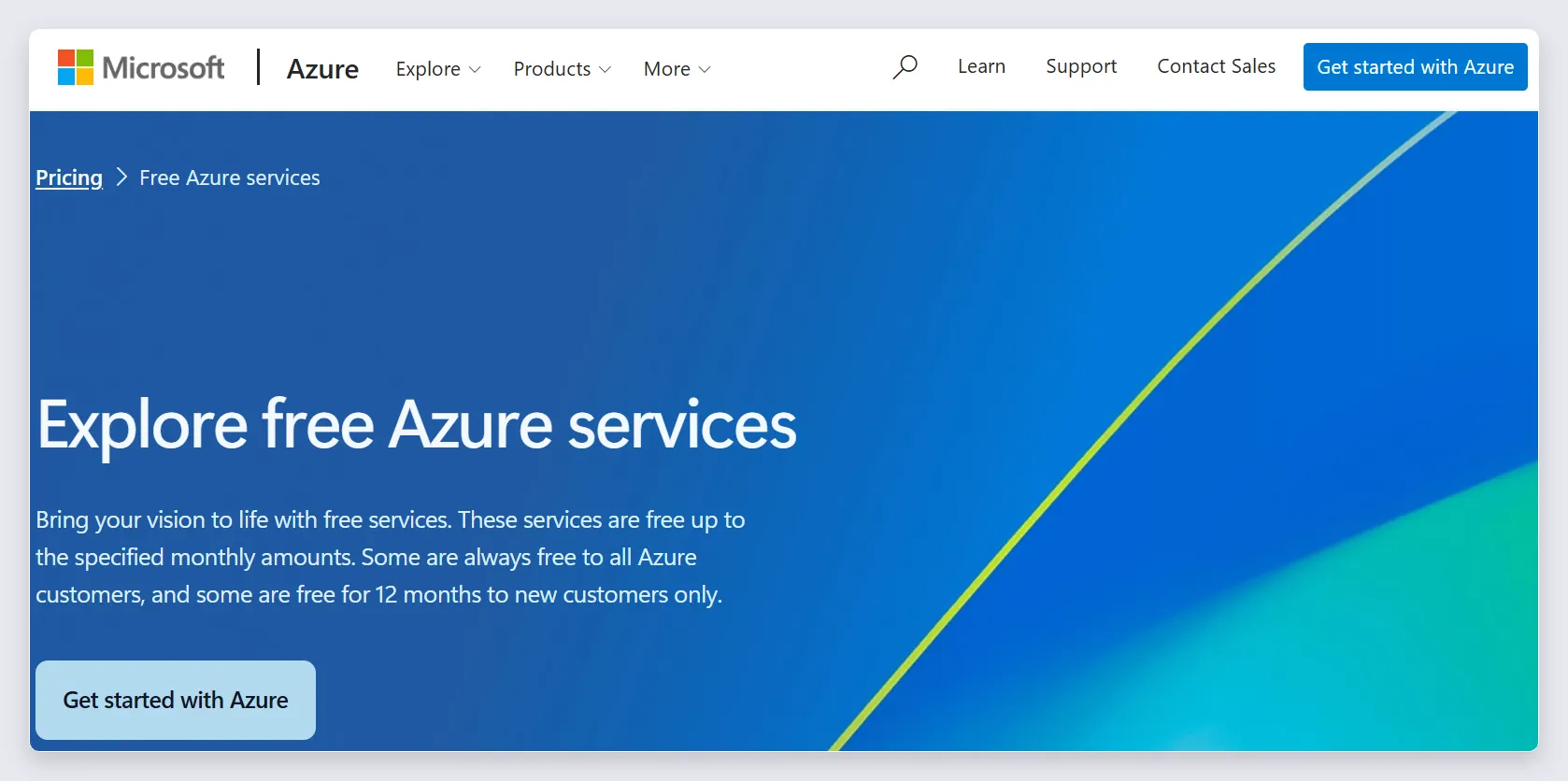 Azure free services page showing the B1s Windows VM