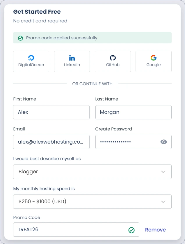Cloudways signup page with the promo code TREAT26 added