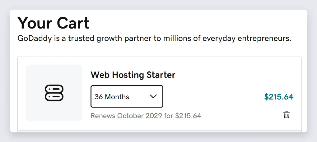 GoDaddy cart showing the 36-month total and the renewal line
