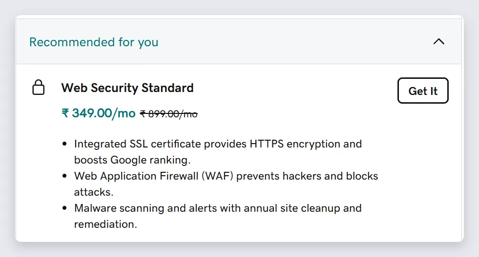 GoDaddy checkout with the Web Security upsell