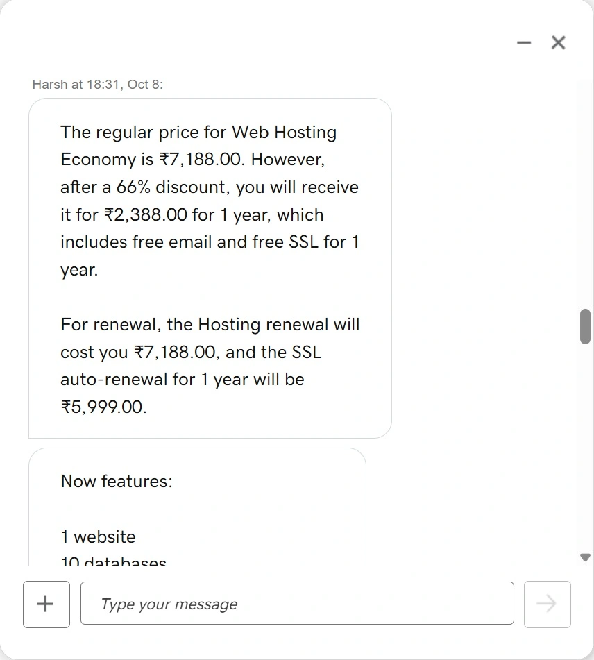GoDaddy sales chat answer about the Economy renewal and SSL price