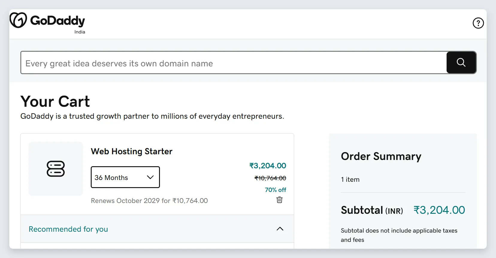 GoDaddy India cart, Starter 36 months ₹3,204, renewal line