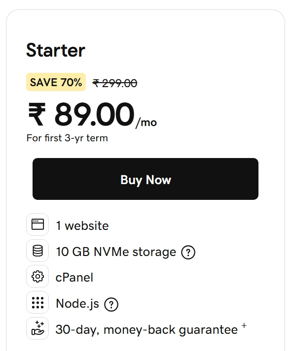GoDaddy India pricing table with Starter at ₹89