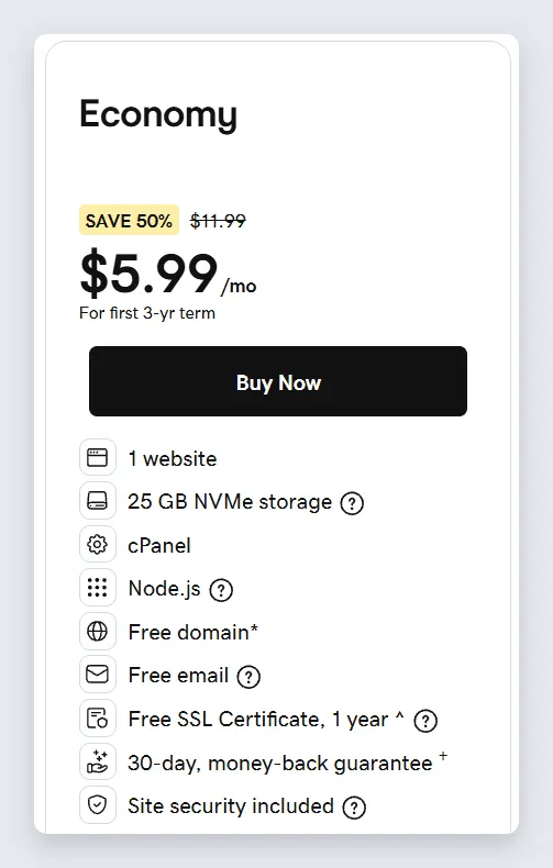 GoDaddy US pricing table starting at Economy $5.99