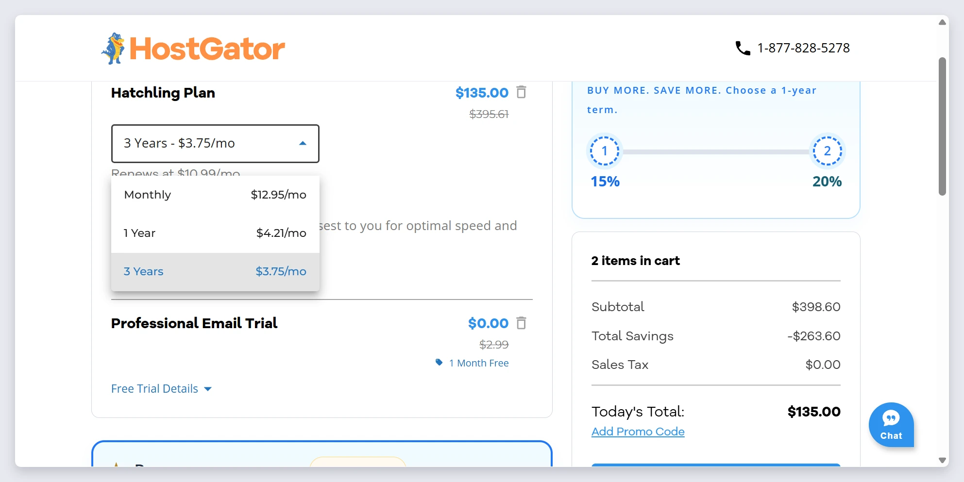 HostGator cart showing Hatchling term options: monthly 12.95, 1 year 4.21, 3 years 3.75 a month, and an email trial
