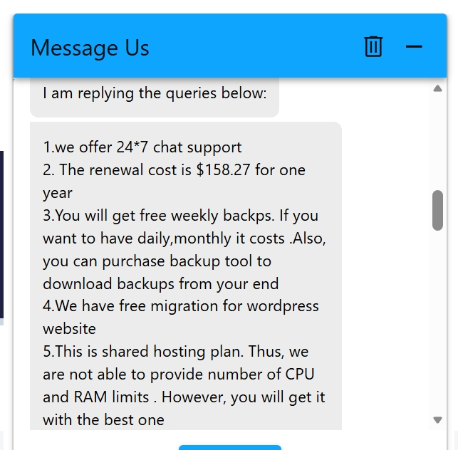 HostGator sales chat answering questions about renewal, backups and migration