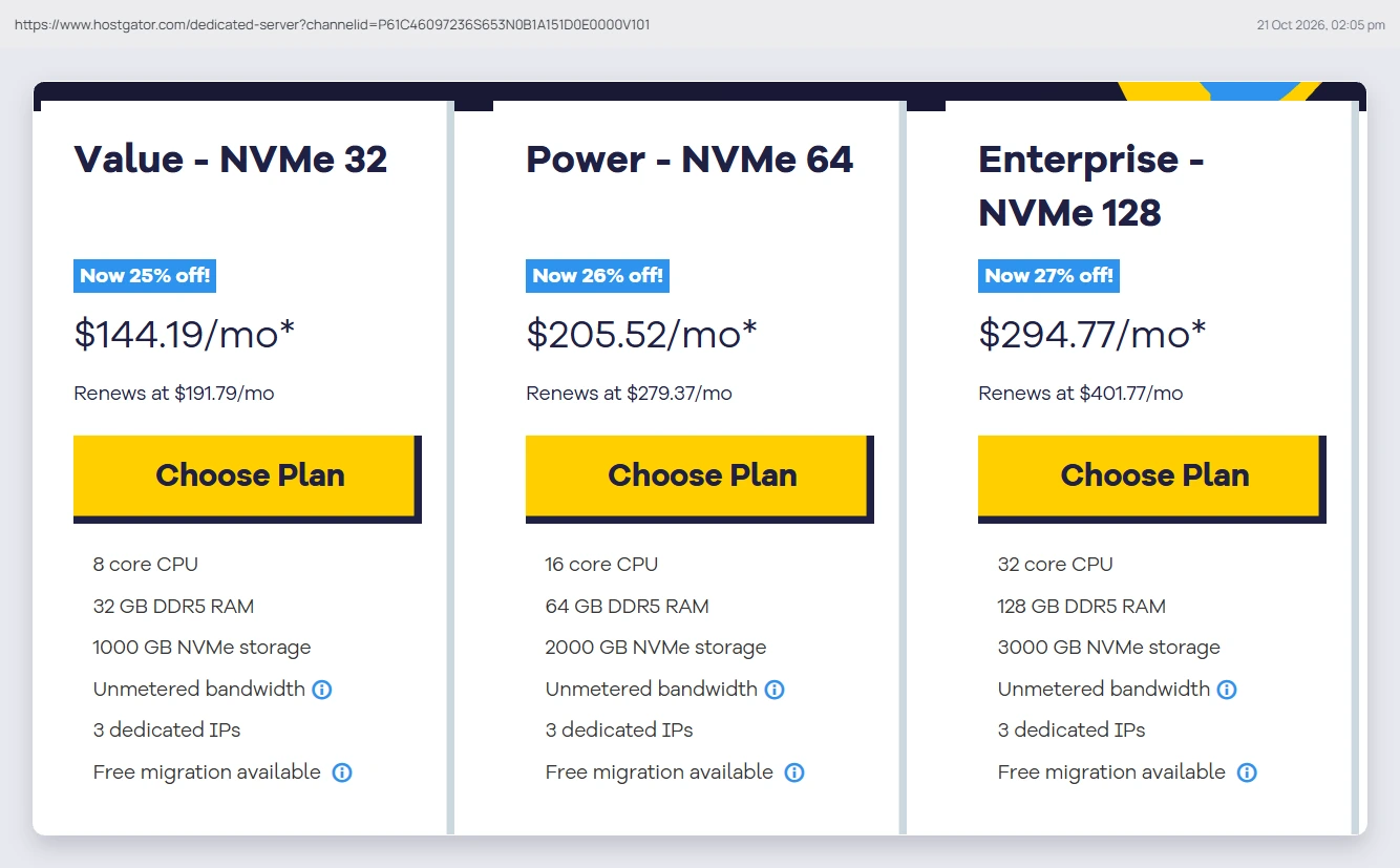 HostGator dedicated server plans Value, Power and Enterprise with prices and renewals