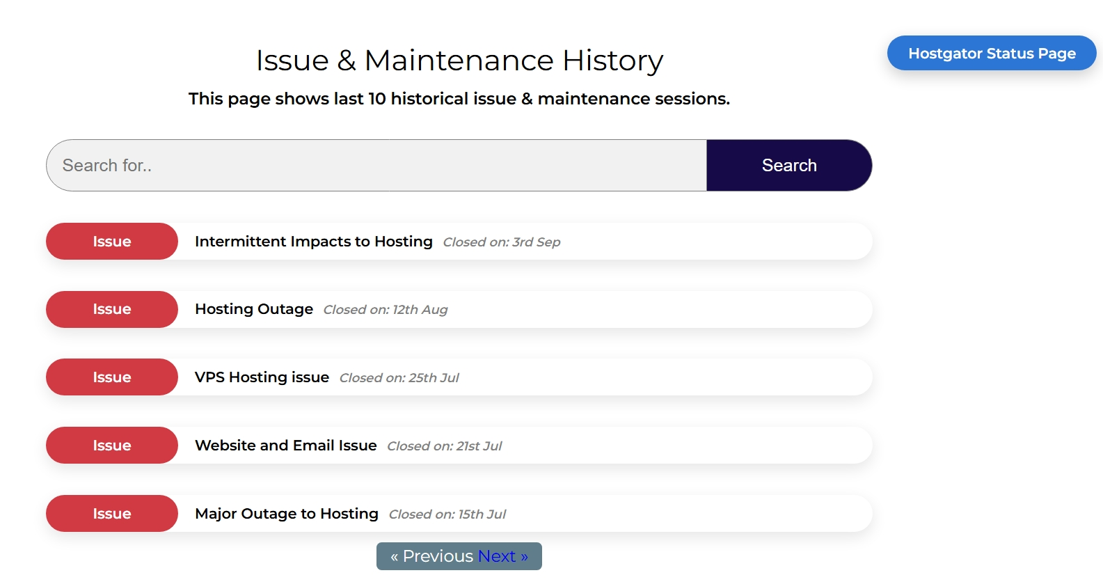 HostGator status history page listing hosting outages and maintenance