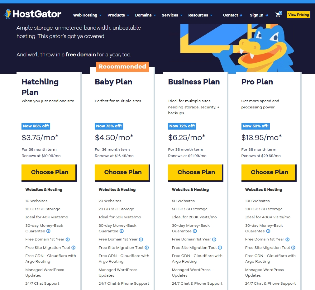 HostGator shared hosting plans with 36-month prices and renewal prices