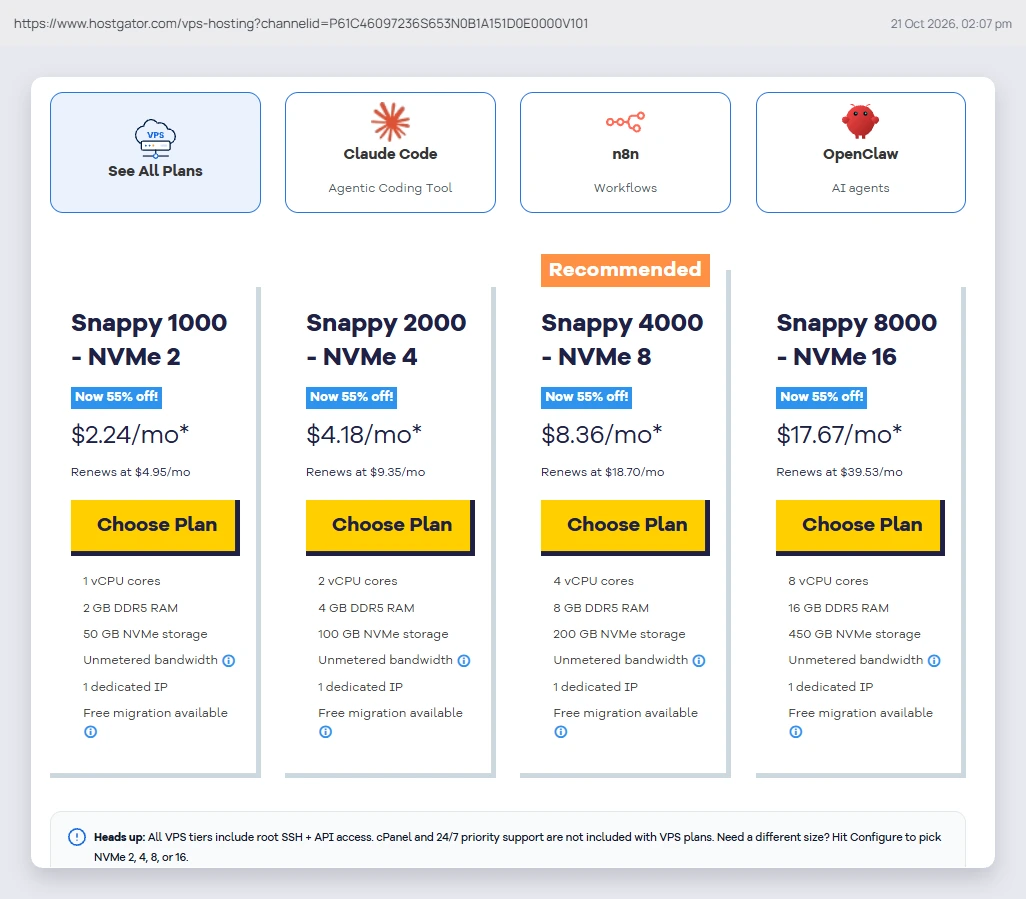 HostGator VPS plans Snappy 1000 to 8000 with NVMe storage, prices and renewals
