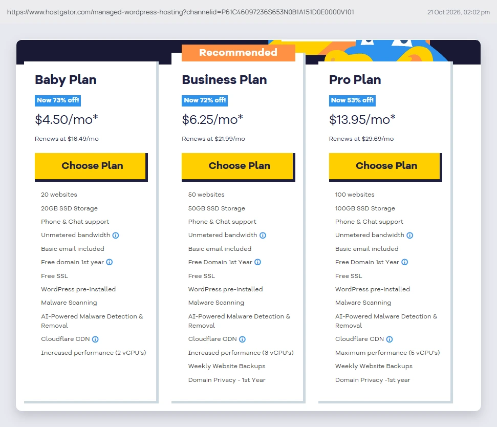 HostGator WordPress hosting plans Baby, Business and Pro with prices and renewals