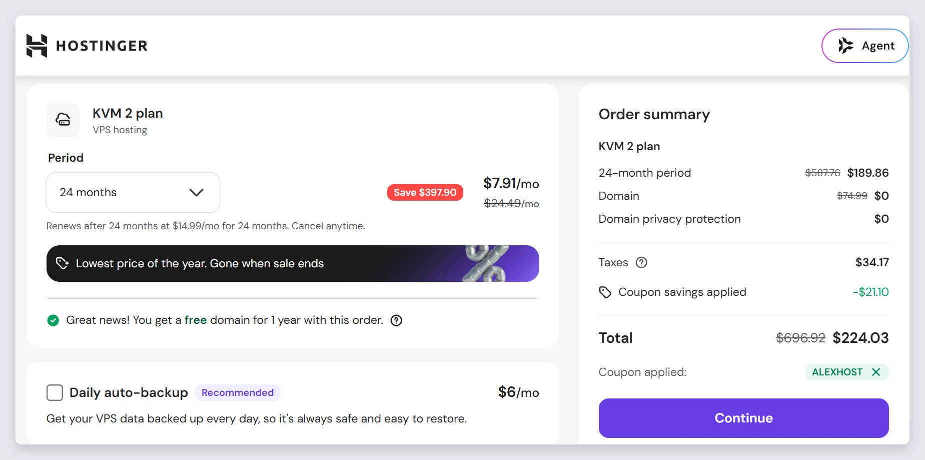Hostinger cart with the coupon code ALEXHOST applied and the 10% discount shown
