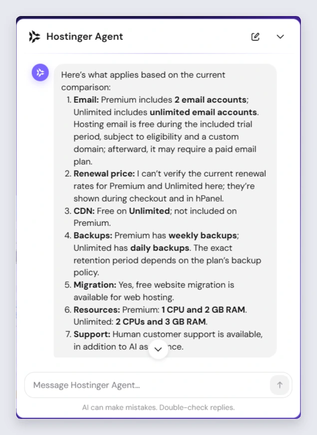 Hostinger sales chat answering six questions about email, renewal, CDN, backups, migration and RAM