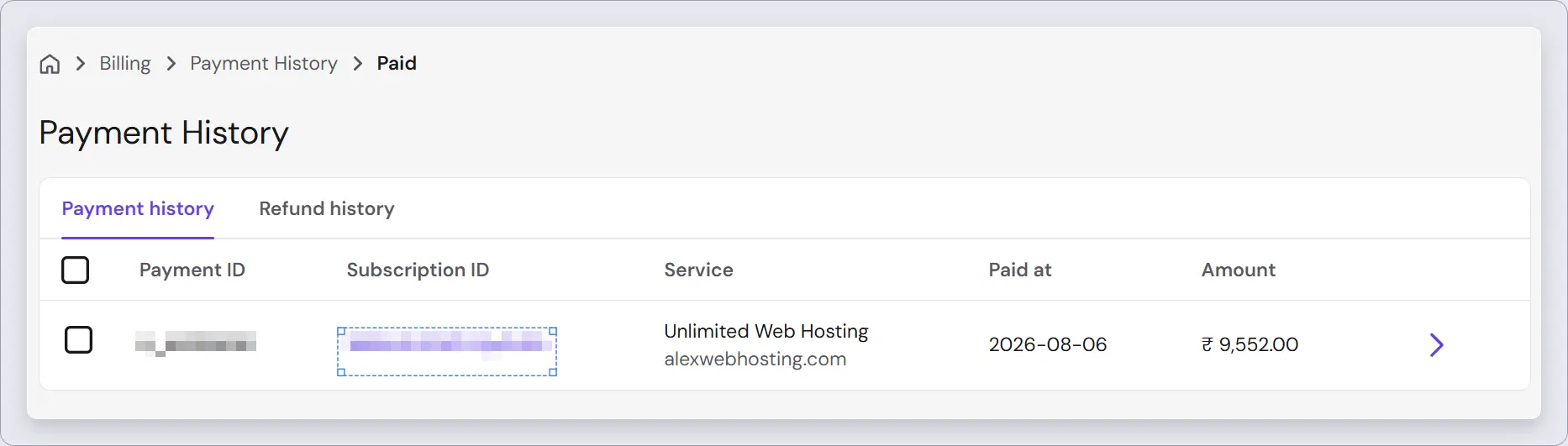 My Hostinger payment history: Unlimited Web Hosting, 9,552 rupees, paid 6 August 2026