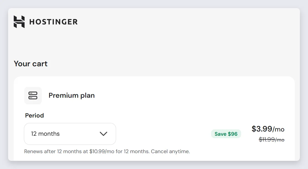 Hostinger cart, Premium 12 months, $3.99/mo and the renewal line