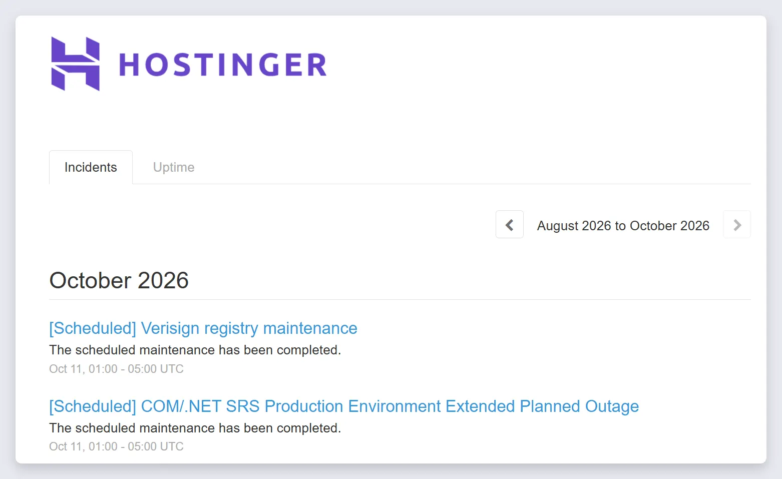 Hostinger status page listing server maintenance and degraded performance entries