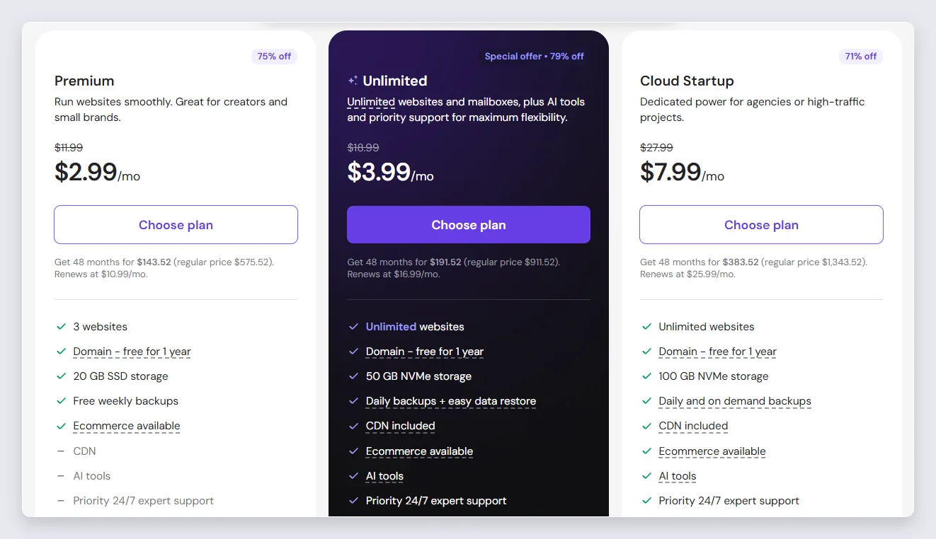 Hostinger web hosting plans with 48-month prices and renewal prices