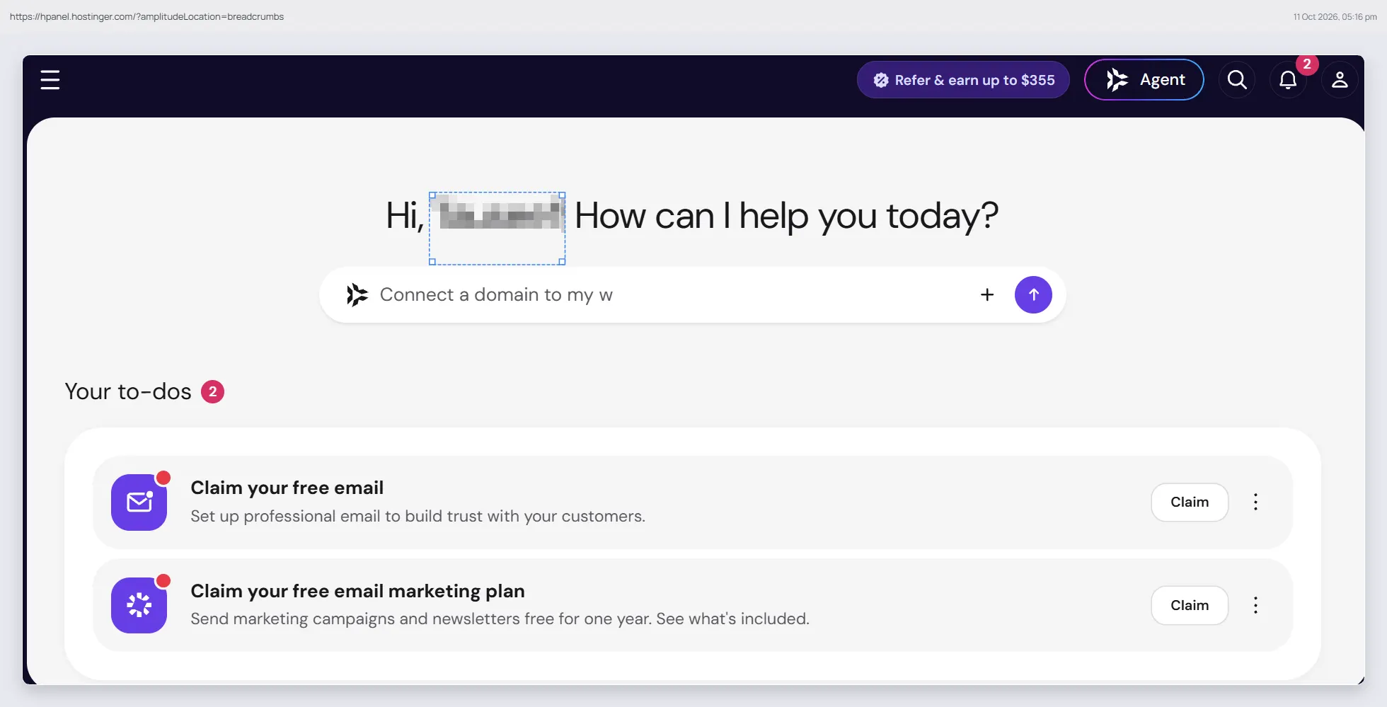Hostinger hPanel home screen with the AI agent chat box