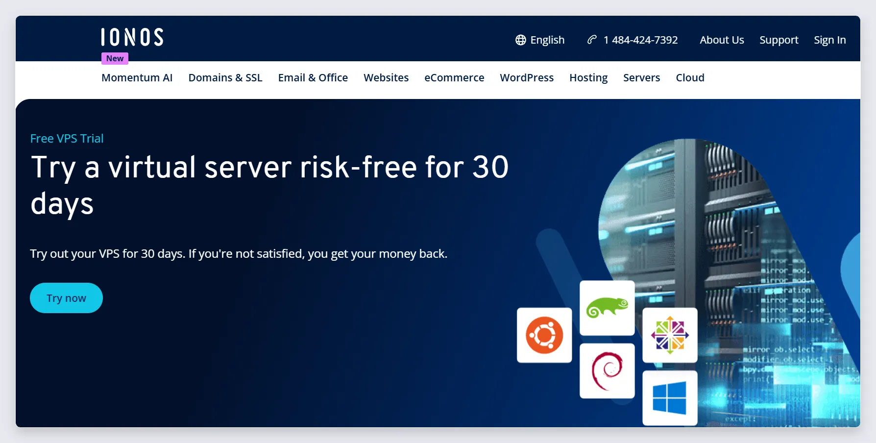 IONOS free VPS page showing the money-back terms