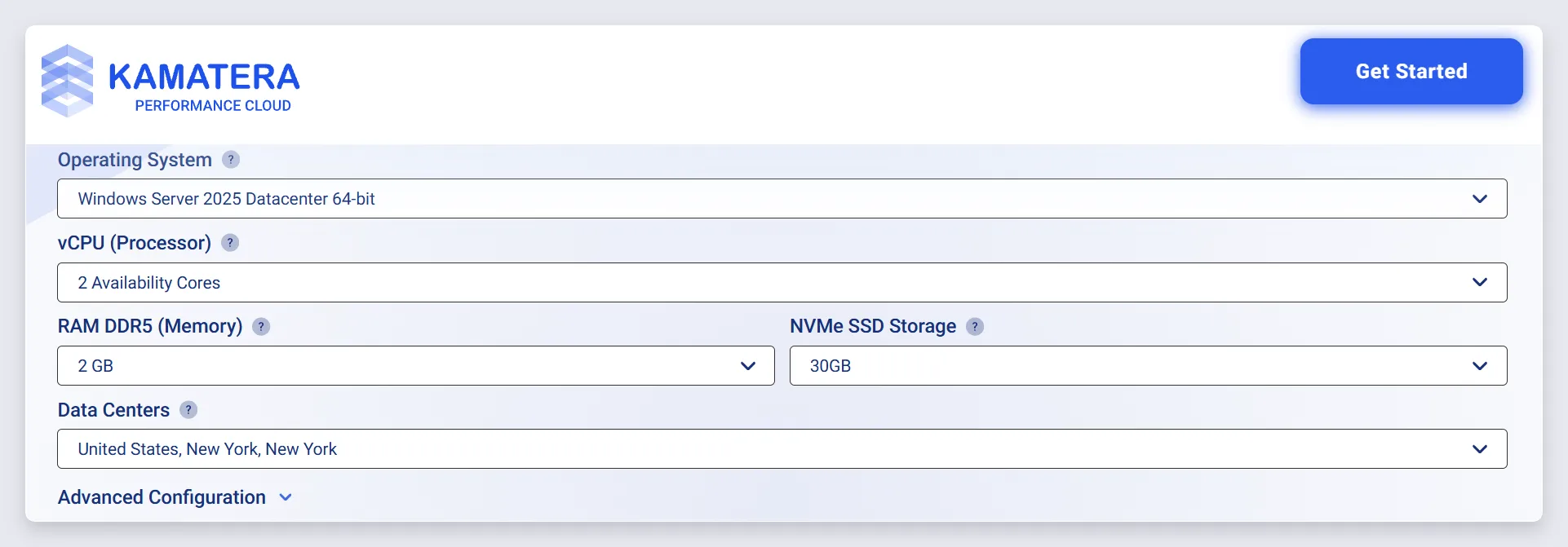 Kamatera server configuration page with Windows selected